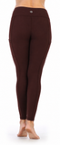 A person shown from the back wearing dark brown leggings, barefoot against a plain white background.