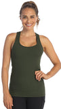 Woman wearing an olive green tank top on a white background