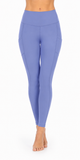 A model is shown from the waist down wearing high-waisted, form-fitting leggings in a dusty periwinkle blue color, standing against a plain white background.